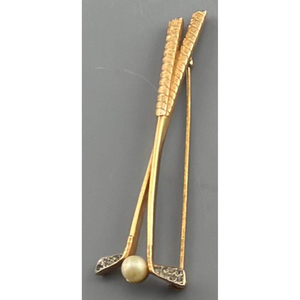 Vintage Trifari Golf Club Brooch Faux Pearl Rhinestone 3 1/4" Signed